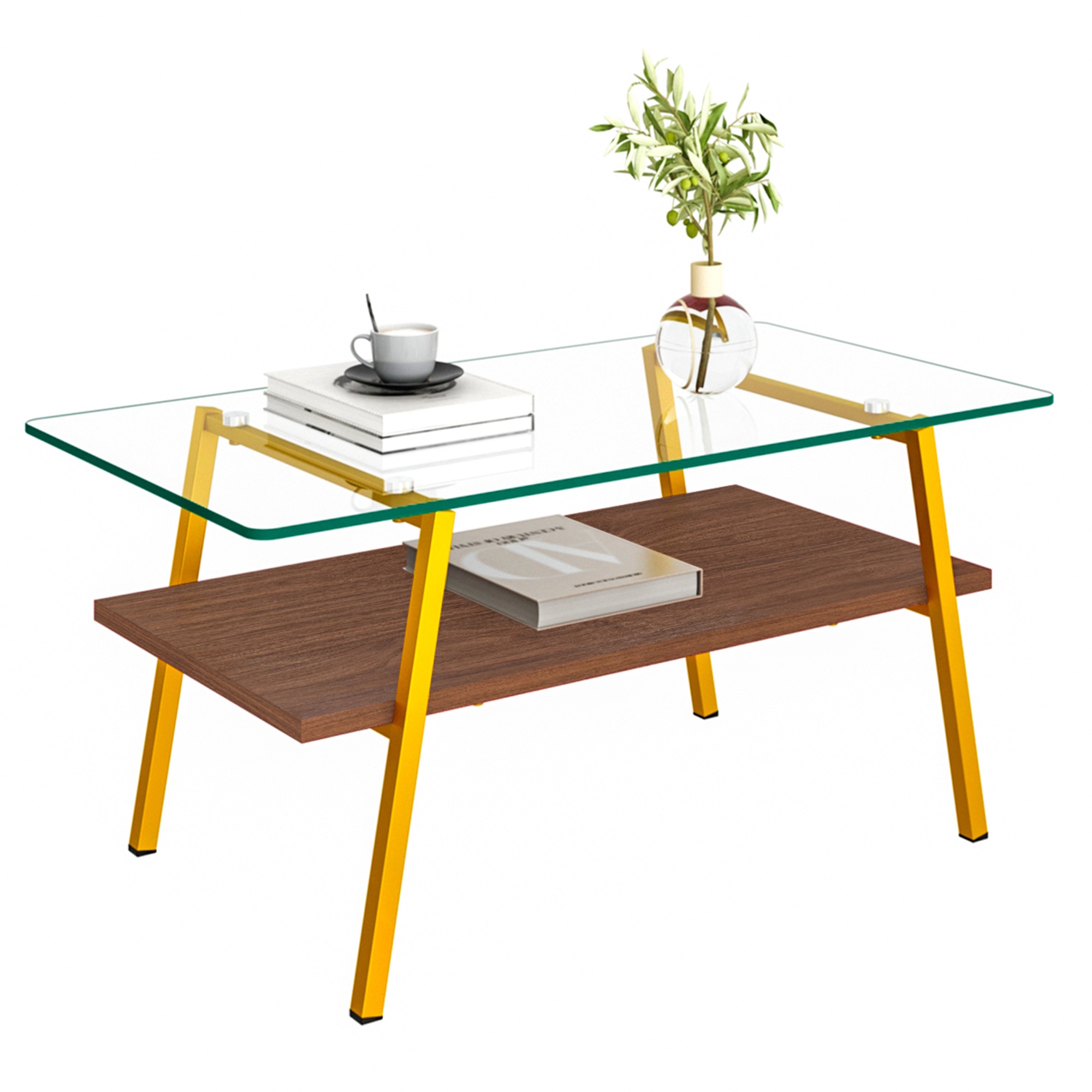 モダン長方形コーヒーテーブル 強化ガラス天板+MDF収納棚 リビング用