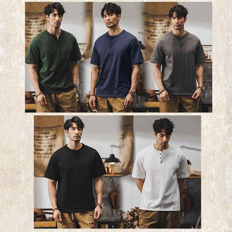 Tシャツ アメリカン メンズ 半袖 ポロシャツ ヘンリーシャツ 男性 ボタン装飾 綿 夏 ロイヤルブルー ブラック ホワイト グレー グリーン