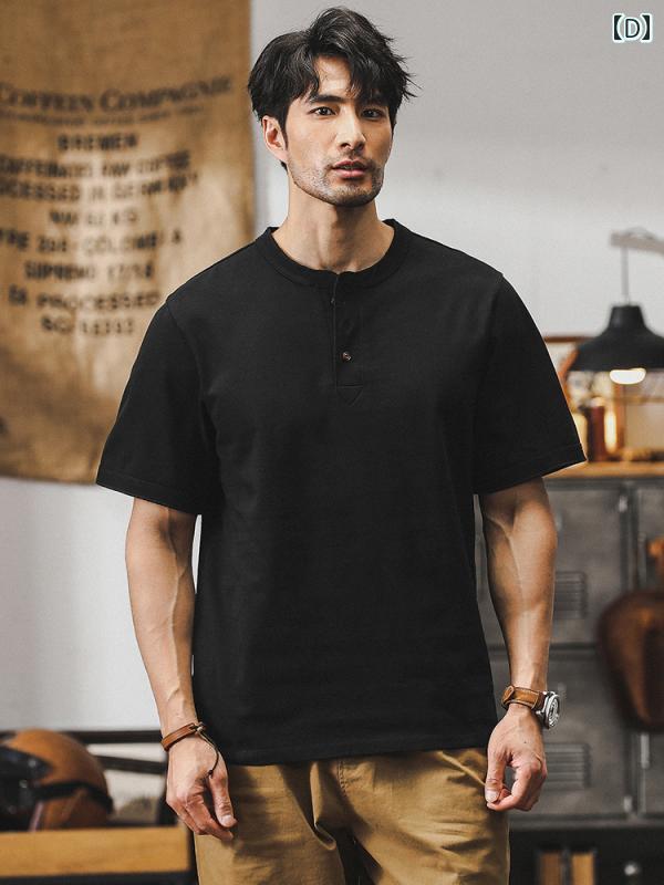 Tシャツ アメリカン メンズ 半袖 ポロシャツ ヘンリーシャツ 男性 ボタン装飾 綿 夏 ロイヤルブルー ブラック ホワイト グレー グリーン