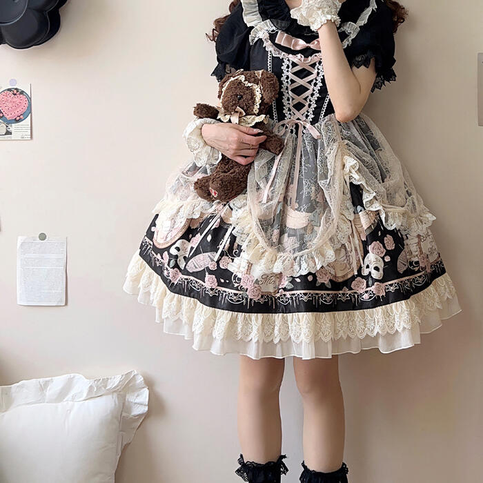 ロリータ クラロリ 甘ロリ 薔薇 プリント ジャンパースカート ゴスロリ