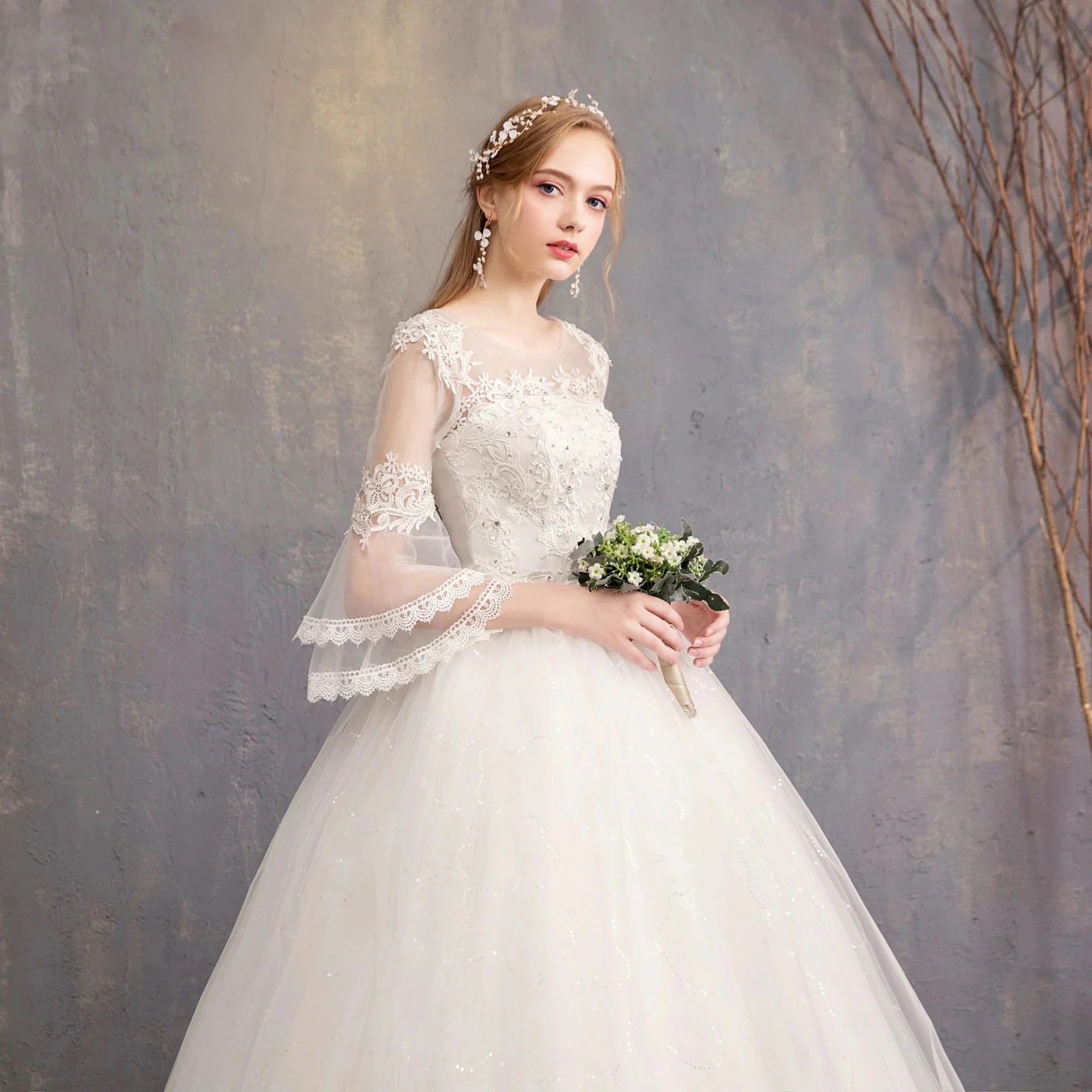 【急速出荷!】大きいサイズ S-3XL ウエディングドレス 7分袖 花嫁 ネットヤーン レース 着痩せ ホワイト