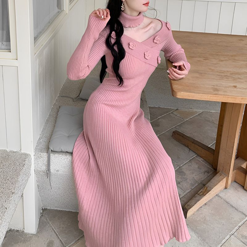 シックで優しい女神の扇子ニットドレスバラの花のデザインのウエスト感と細い気質のスカート 母の日 母の日-0008587