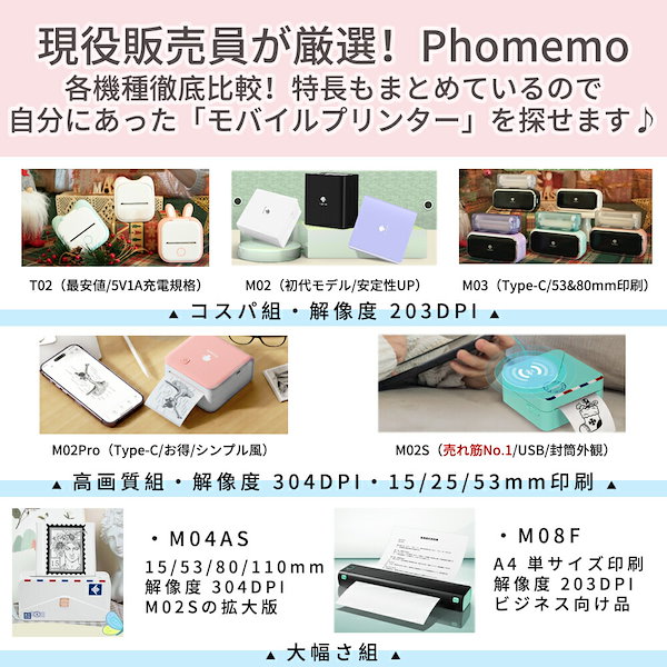 サーマルプリンター Phomemo M02Pro 粗 ミニプリンター スマホ対応 ラベルプリンター モバイルプリンター 感熱プリンター  モバイルプリンター 304dpi 15・25・53mm幅 モノクロ Bluetooth接続 ノート 写真 手帳 家計簿 Android＆iOS適応  フォメモ 日本語対応 プレゼント