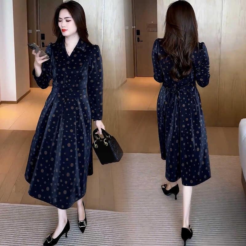 春と秋の波点気質ワンピースの女性ベルトは腰を収めて痩せているa字スカートが膝の中のロングスカートを越えている