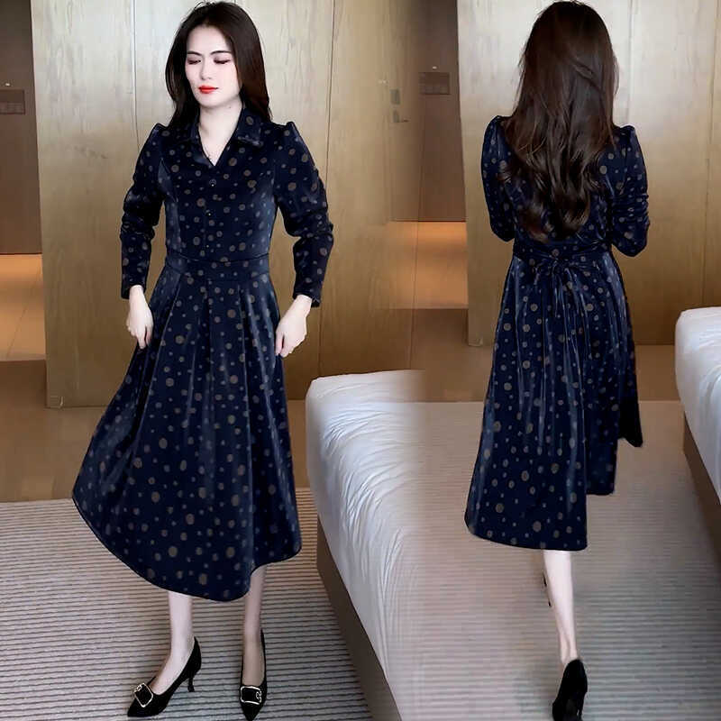 春と秋の波点気質ワンピースの女性ベルトは腰を収めて痩せているa字スカートが膝の中のロングスカートを越えている