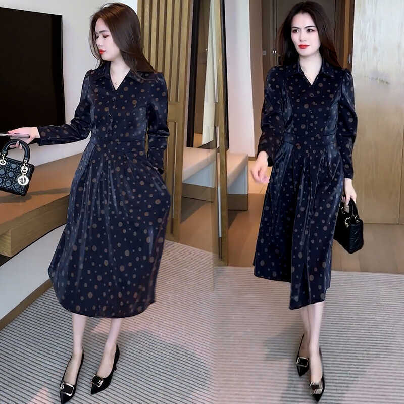 春と秋の波点気質ワンピースの女性ベルトは腰を収めて痩せているa字スカートが膝の中のロングスカートを越えている