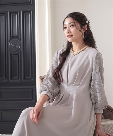 ドレス 結婚式パーティードレス 袖レース使いVネックウエストタックデザインワンピースドレス 大きいサイズ有