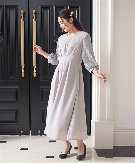 ドレス 結婚式パーティードレス 袖レース使いVネックウエストタックデザインワンピースドレス 大きいサイズ有