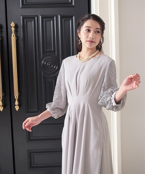 ドレス 結婚式パーティードレス 袖レース使いVネックウエストタックデザインワンピースドレス 大きいサイズ有