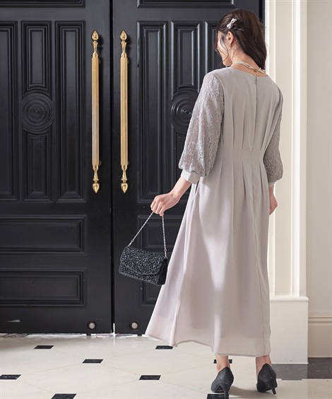 ドレス 結婚式パーティードレス 袖レース使いVネックウエストタックデザインワンピースドレス 大きいサイズ有