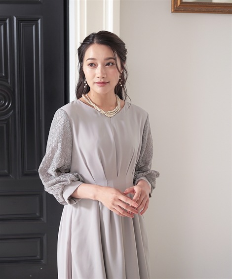 ドレス 結婚式パーティードレス 袖レース使いVネックウエストタックデザインワンピースドレス 大きいサイズ有