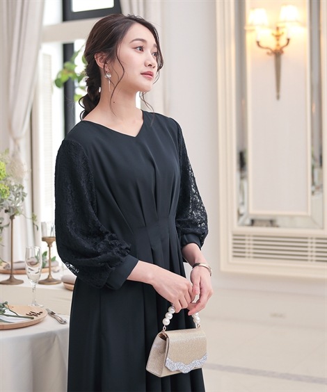 ドレス 結婚式パーティードレス 袖レース使いVネックウエストタックデザインワンピースドレス 大きいサイズ有