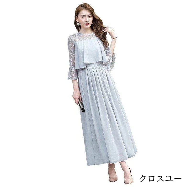 パーティードレス40ロング丈結婚式ワンピースドレス袖ありフォーマルドレスフレアaラインレース上品大きいサイズお呼ばれ二次会発表会服韓国