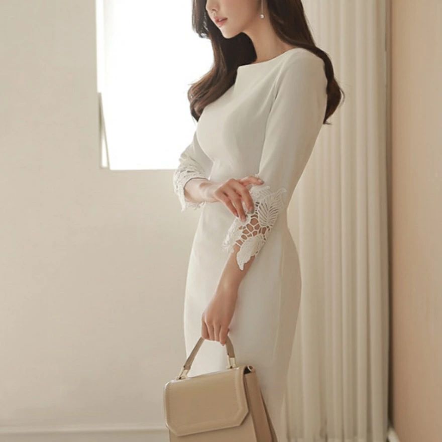 七分袖 レディース 袖レース パーティードレス 袖コンシャス 夏 オフィス タイトワンピース スリット ボートネック 入園式 きれいめ 通勤服 ワンピース 白 20代 お呼ばれ タイト 膝丈 ミディア