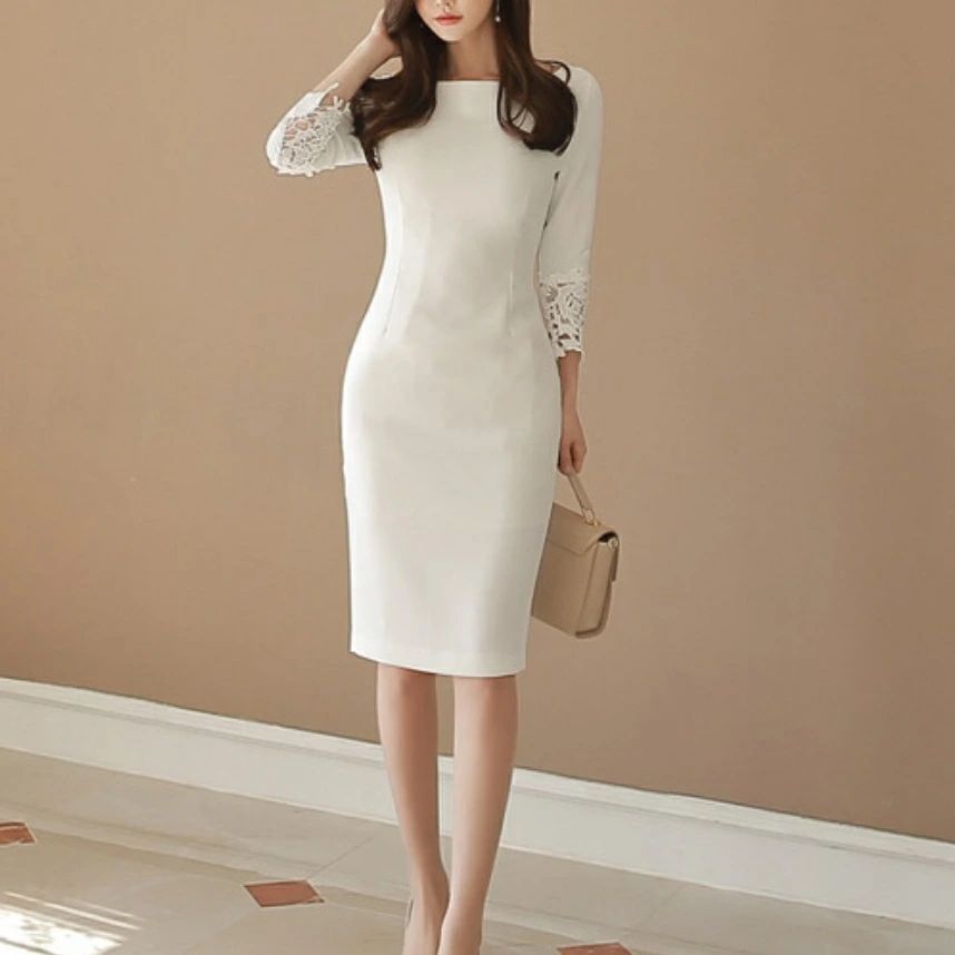 七分袖 レディース 袖レース パーティードレス 袖コンシャス 夏 オフィス タイトワンピース スリット ボートネック 入園式 きれいめ 通勤服 ワンピース 白 20代 お呼ばれ タイト 膝丈 ミディア