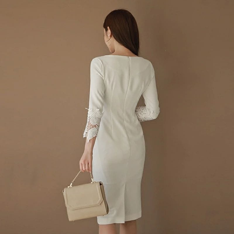 七分袖 レディース 袖レース パーティードレス 袖コンシャス 夏 オフィス タイトワンピース スリット ボートネック 入園式 きれいめ 通勤服 ワンピース 白 20代 お呼ばれ タイト 膝丈 ミディア