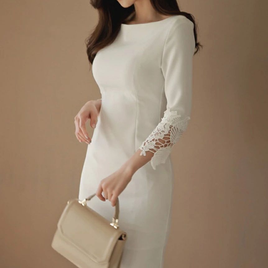 七分袖 レディース 袖レース パーティードレス 袖コンシャス 夏 オフィス タイトワンピース スリット ボートネック 入園式 きれいめ 通勤服 ワンピース 白 20代 お呼ばれ タイト 膝丈 ミディア