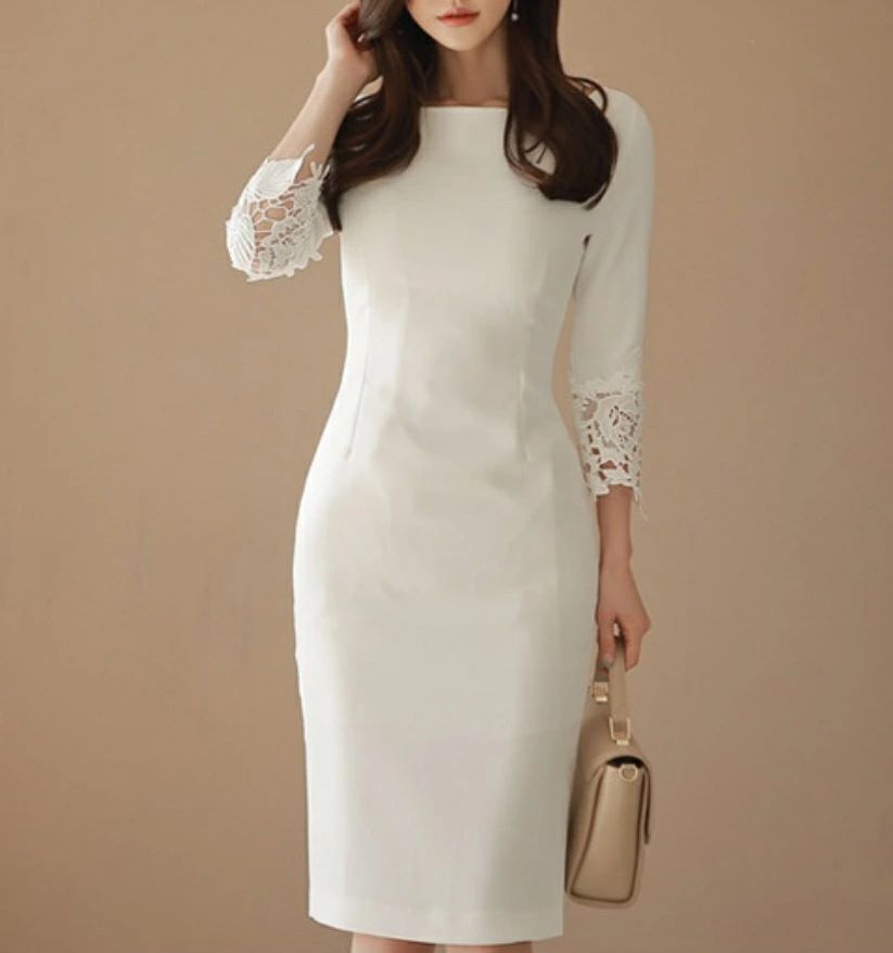 七分袖 レディース 袖レース パーティードレス 袖コンシャス 夏 オフィス タイトワンピース スリット ボートネック 入園式 きれいめ 通勤服 ワンピース 白 20代 お呼ばれ タイト 膝丈 ミディア