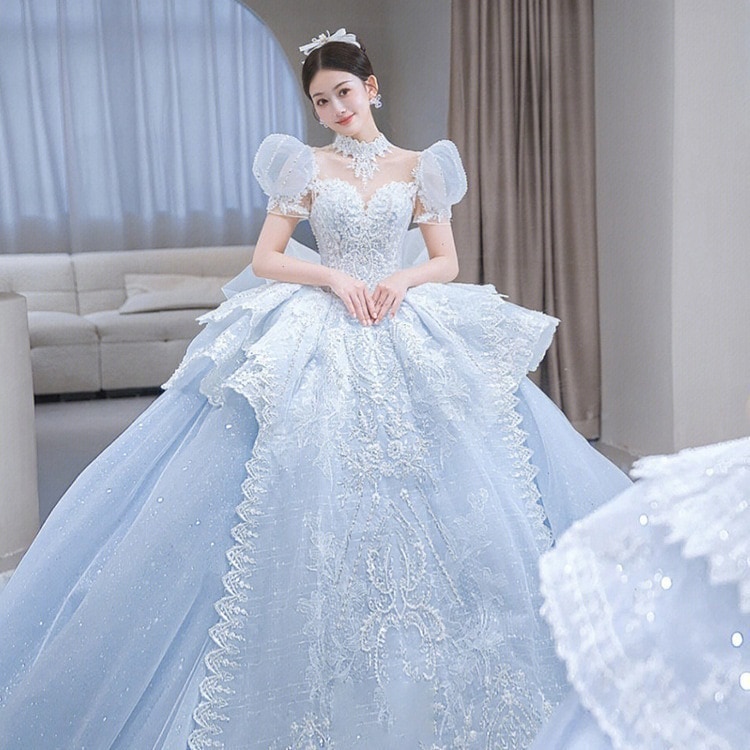 ブルーバブル袖ドレス高級感 花嫁ロングドレス結婚式ワンピース発表会 ドレスドレス ウェディングドレス成人式 ドレス同窓会 ドレス演奏会 ドレス発表会 ドレス卒業式 ドレスパーテ韓国ファッション