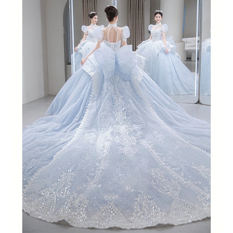 ブルーバブル袖ドレス高級感 花嫁ロングドレス結婚式ワンピース発表会 ドレスドレス ウェディングドレス成人式 ドレス同窓会 ドレス演奏会 ドレス発表会 ドレス卒業式 ドレスパーテ韓国ファッション