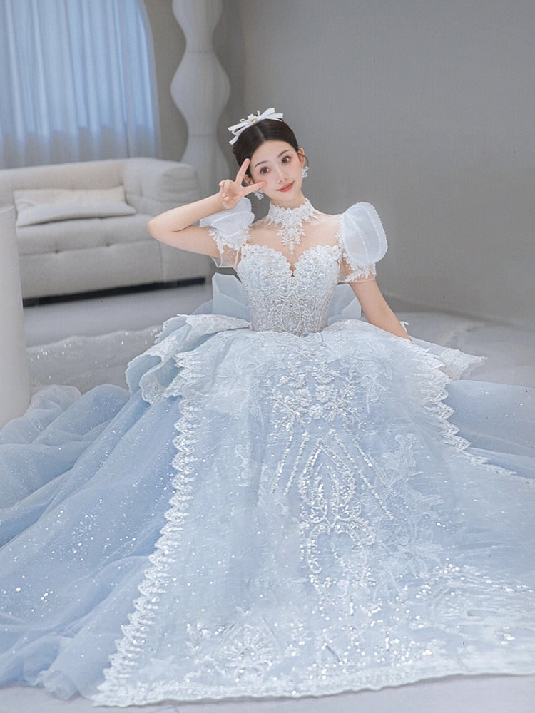 ブルーバブル袖ドレス高級感 花嫁ロングドレス結婚式ワンピース発表会 ドレスドレス ウェディングドレス成人式 ドレス同窓会 ドレス演奏会 ドレス発表会 ドレス卒業式 ドレスパーテ韓国ファッション