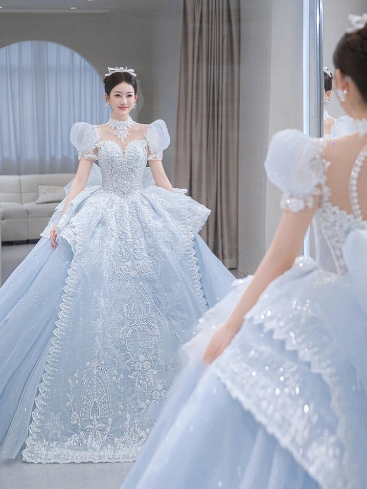 ブルーバブル袖ドレス高級感 花嫁ロングドレス結婚式ワンピース発表会 ドレスドレス ウェディングドレス成人式 ドレス同窓会 ドレス演奏会 ドレス発表会 ドレス卒業式 ドレスパーテ韓国ファッション