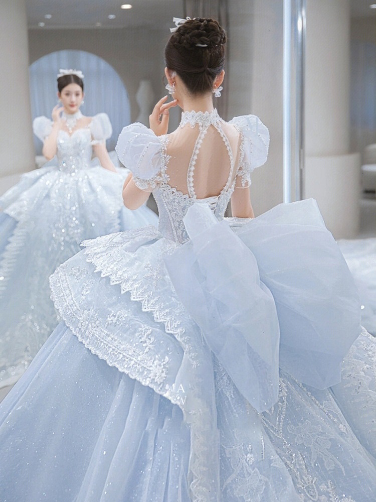 ブルーバブル袖ドレス高級感 花嫁ロングドレス結婚式ワンピース発表会 ドレスドレス ウェディングドレス成人式 ドレス同窓会 ドレス演奏会 ドレス発表会 ドレス卒業式 ドレスパーテ韓国ファッション