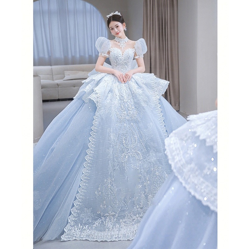 ブルーバブル袖ドレス高級感 花嫁ロングドレス結婚式ワンピース発表会 ドレスドレス ウェディングドレス成人式 ドレス同窓会 ドレス演奏会 ドレス発表会 ドレス卒業式 ドレスパーテ韓国ファッション