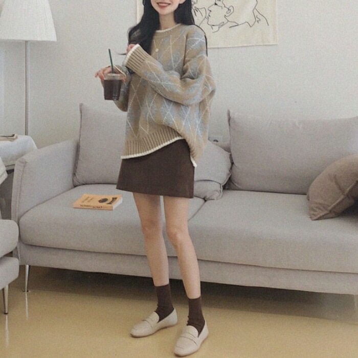 トップス ニット アーガイル チェック セーター カットソー レディース エレガント 大人 可愛い きれいめ カジュアル フェミニン 長袖 プルオーバー クルーネック トラッド ナチュラル ブルー 青