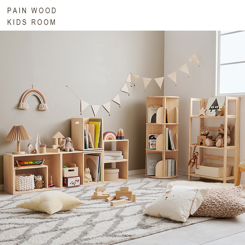 丸回転ラック 3段 本棚 360度回転 ブックラック 無塗装 天然木パイン材 コミックラック 角丸 安全