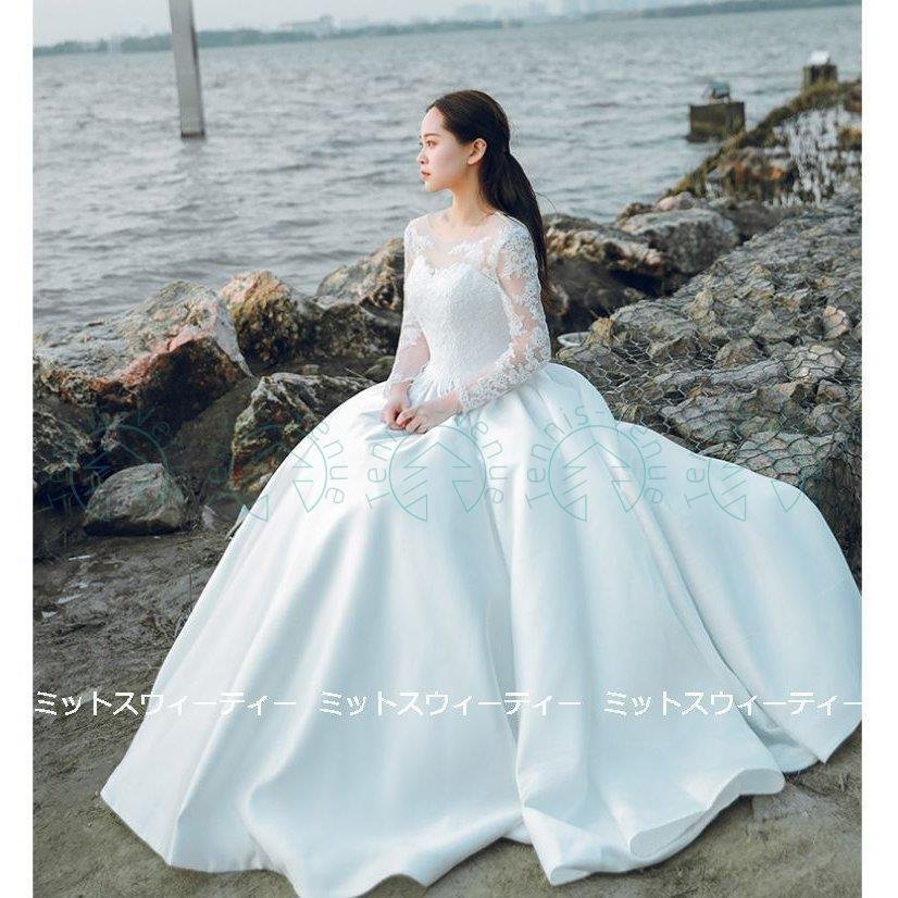 ウェディングドレス Aライン レース サテン 長袖 ウエディングドレス 二次会 花嫁 パーティードレ