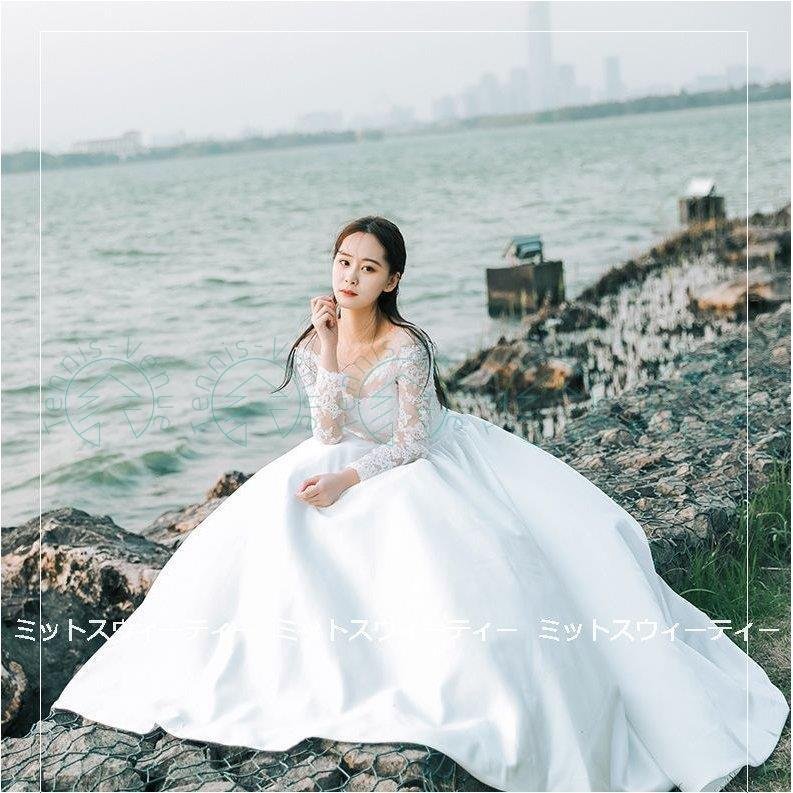 ウェディングドレス Aライン レース サテン 長袖 ウエディングドレス 二次会 花嫁 パーティードレ