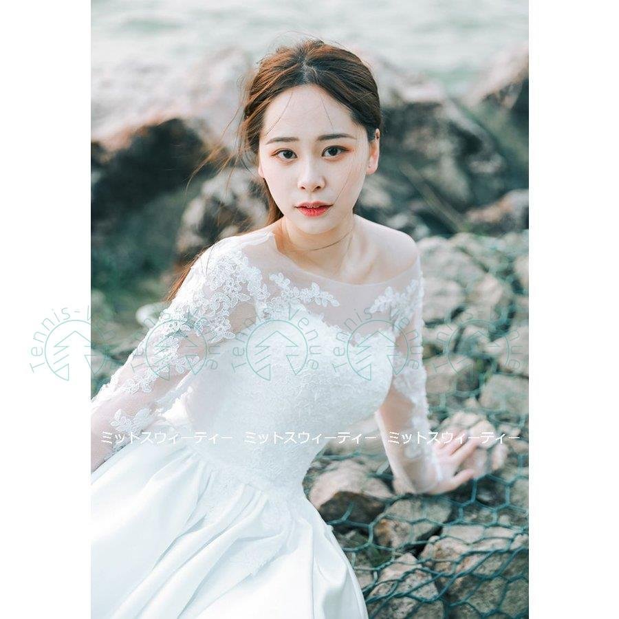 ウェディングドレス Aライン レース サテン 長袖 ウエディングドレス 二次会 花嫁 パーティードレ