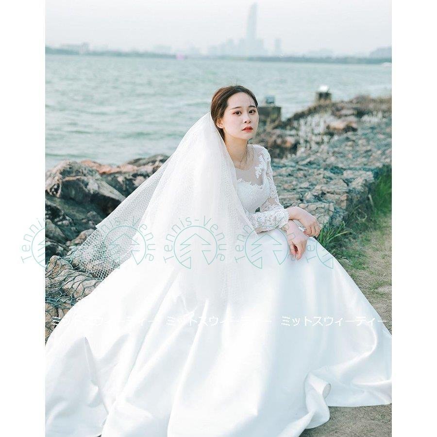 ウェディングドレス Aライン レース サテン 長袖 ウエディングドレス 二次会 花嫁 パーティードレ