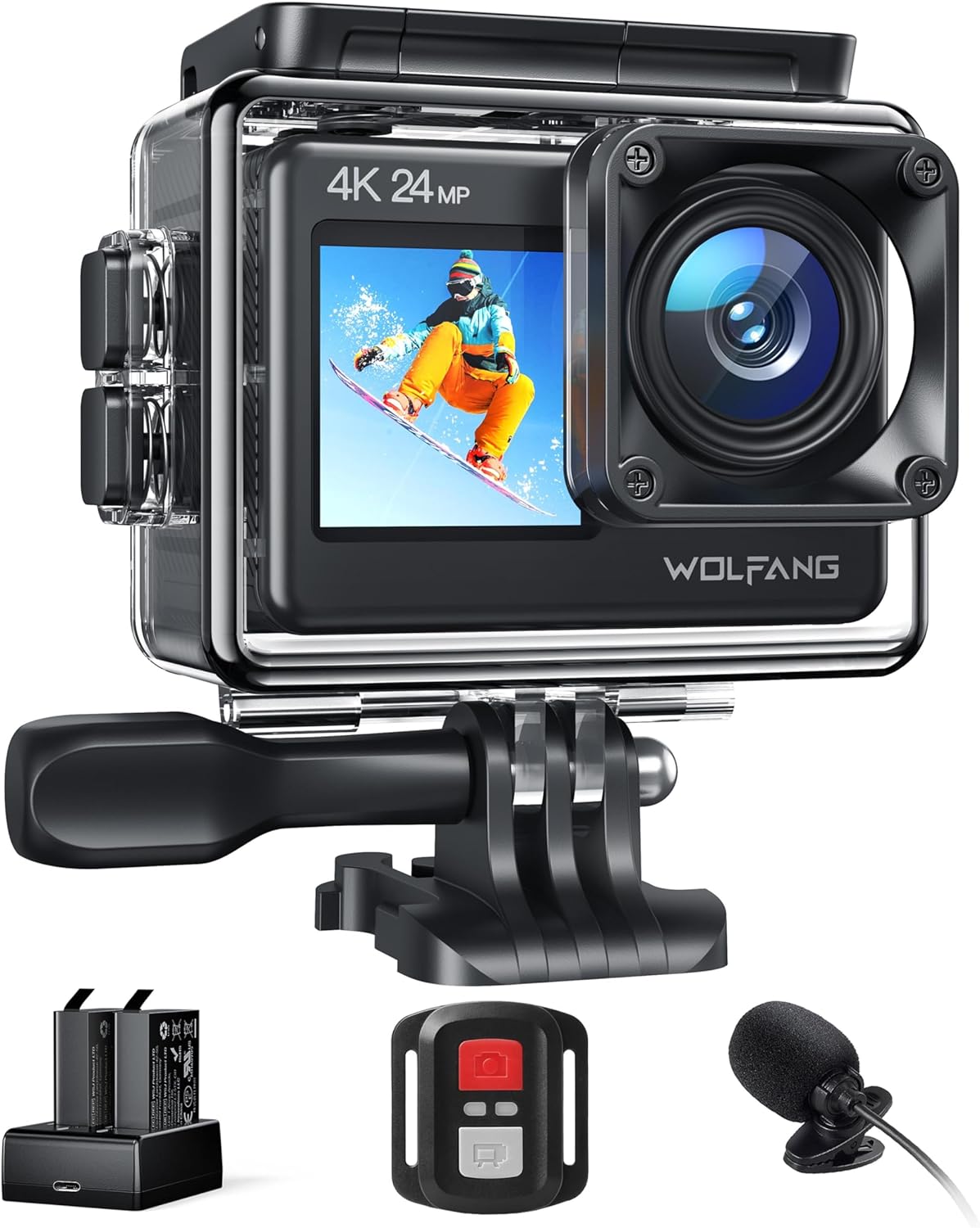 WOLFANG GA200 アクションカメラ 【マイク付き】4K 24MP 防水40M デュアルスクリーンカメラ EIS手振れ補正 WiFi調整可能な広角 Vlogカメラ (充電器2つのバッテリー