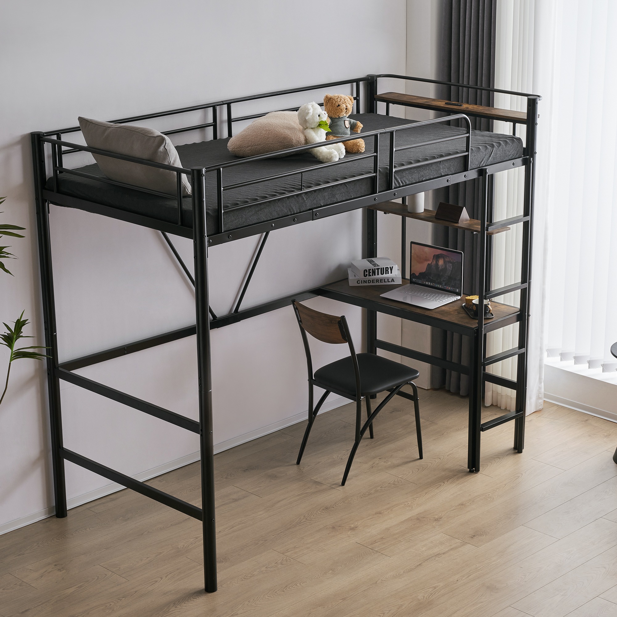 【国内出荷】ロフトベッド パイプベッド シングル ロフトベッド机付き パイプベッド シングル 木 デスク付き コンセント付き 耐荷重150kg 高さ170cm 収納棚 ロフトベッド ハイタイプ はしご