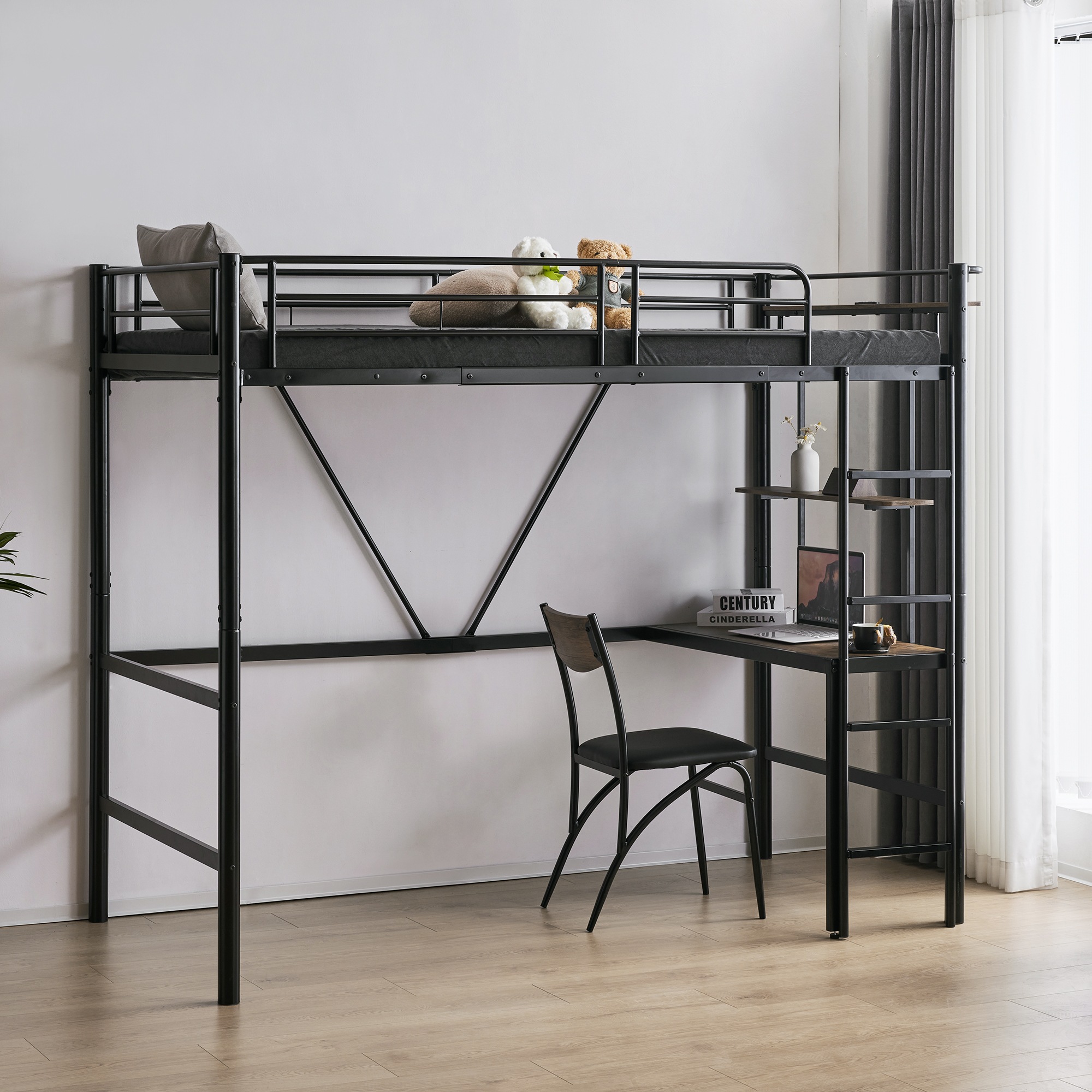 【国内出荷】ロフトベッド パイプベッド シングル ロフトベッド机付き パイプベッド シングル 木 デスク付き コンセント付き 耐荷重150kg 高さ170cm 収納棚 ロフトベッド ハイタイプ はしご