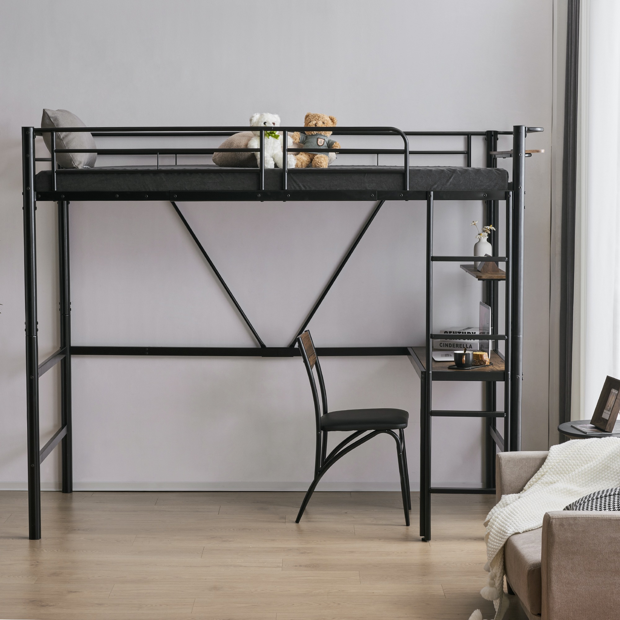 【国内出荷】ロフトベッド パイプベッド シングル ロフトベッド机付き パイプベッド シングル 木 デスク付き コンセント付き 耐荷重150kg 高さ170cm 収納棚 ロフトベッド ハイタイプ はしご