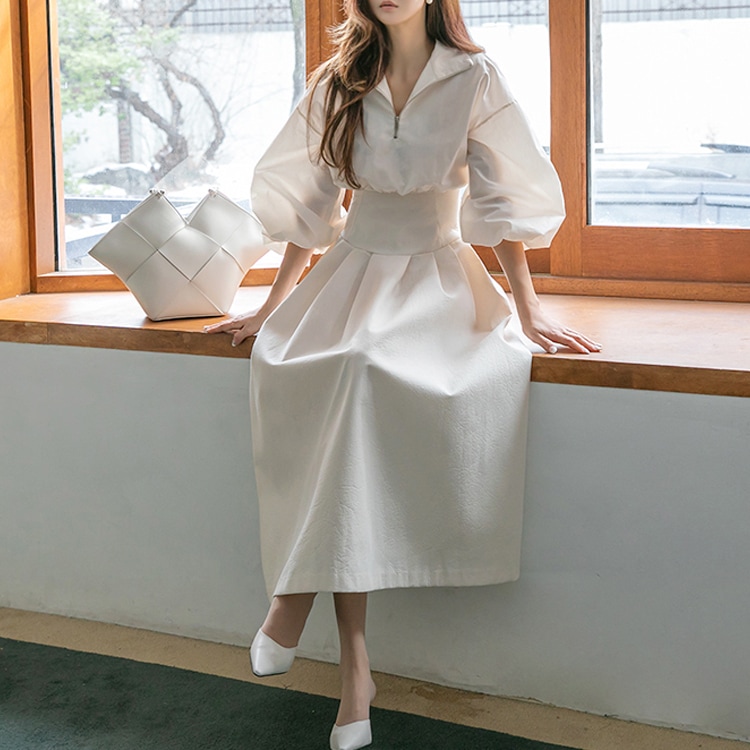 脚長効果 ハイウエスト パフスリーブ ワンピース OHCA0020