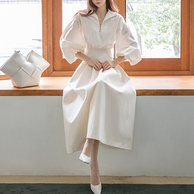 脚長効果 ハイウエスト パフスリーブ ワンピース OHCA0020