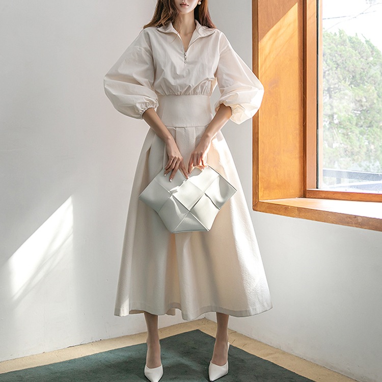 脚長効果 ハイウエスト パフスリーブ ワンピース OHCA0020