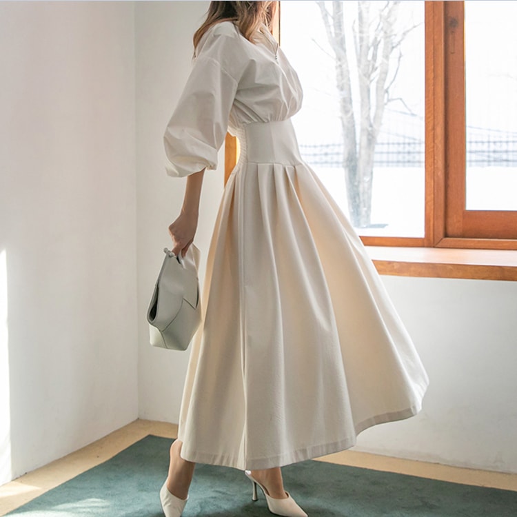 脚長効果 ハイウエスト パフスリーブ ワンピース OHCA0020