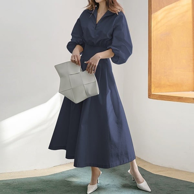 脚長効果 ハイウエスト パフスリーブ ワンピース OHCA0020