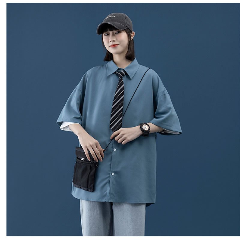 ユニセックス 男女 メンズ ファッション 韓国 セット ネクタイ付き シャツ ショートタイ付き ゆったり シェア服 半袖シャツ 保障できる Vivalafocaccia Com