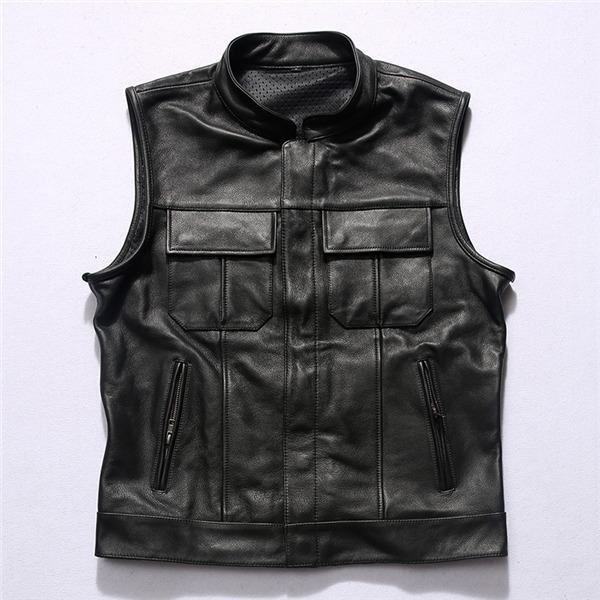 【即納】ライダースベスト メンズ レザーベスト 本革 皮ベスト ジレ チョッキ 大きいサイズ ノースリーブ レザー バイク 防寒防水 かっこいい フォーマル