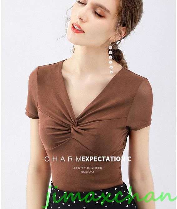 新生活 サマー 胸開き Ｔシャツ 中袖 タートルネック セーター レディースファッション タートル 胸開きタート セクシー Vネック ベアトップ ベアトップ 韓国風 胸元