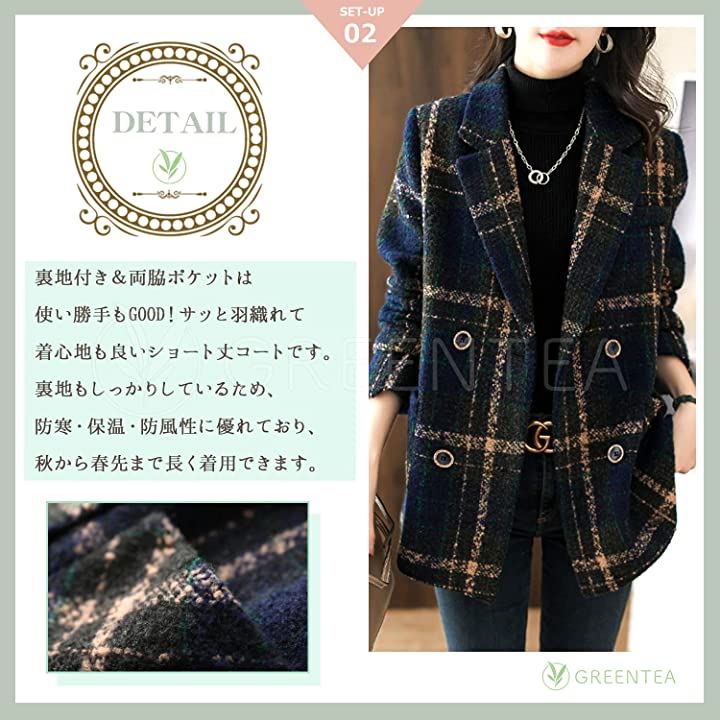 ジャケット アウター ショート丈 チェック柄 チェックコート ジャケッコート レディース(ネイビー, L) ジャケット アウター ショート丈 チェック柄 チェックコート ジャケッコート レディース(ネイビー, L)