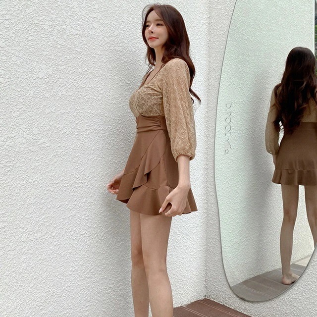 水着 レディース ワンピース水着 レディース ママ水着 ワンピース 体型カバー バックオープン ワンピース水着 大きいサイズ 水着 袖あり スカート 水着 可愛い レディース