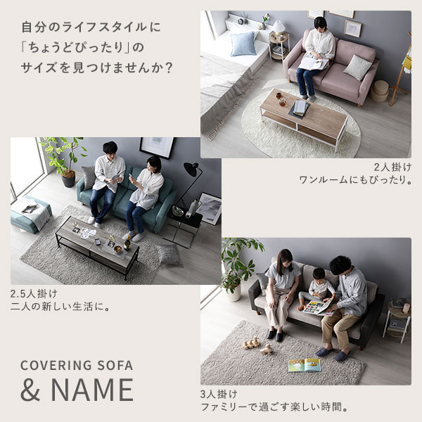 ソファ 2.5人掛け カバー：グレー 脚：スチール 肘付き 洗える カバー ローソファー 組立品