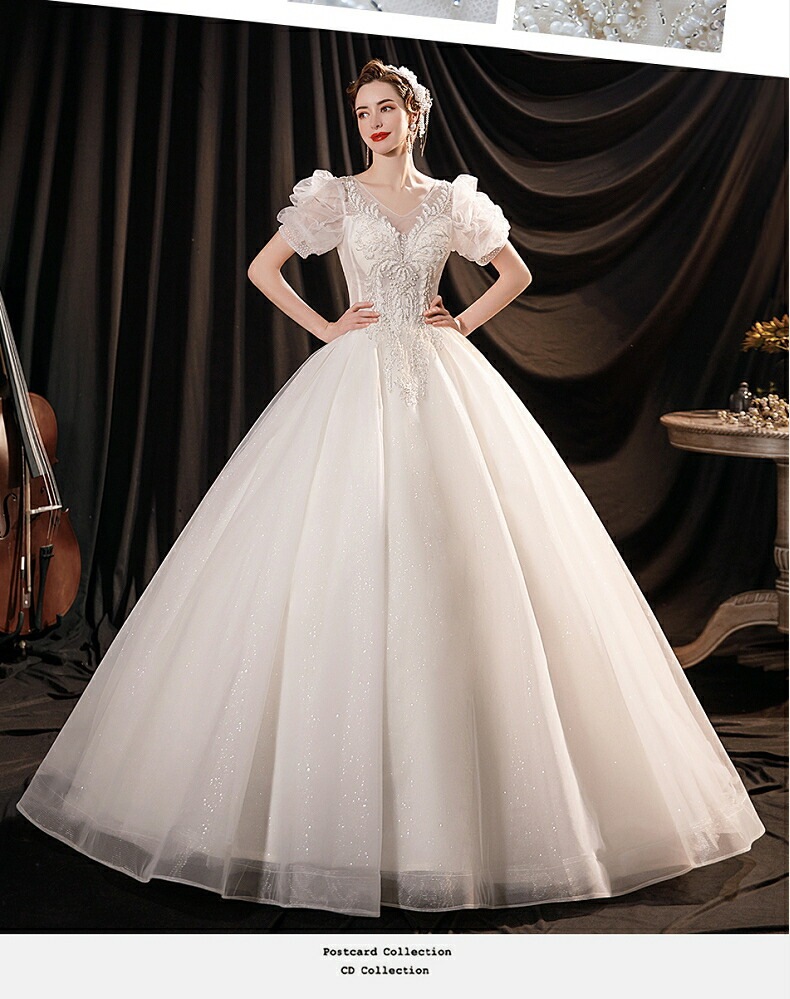 ウェディングドレス 袖あり 半袖 ロングドレス エレガント プリンセスラインドレス きれいめ パーティードレス ワンピース 披露宴 前撮りドレス 二次会 結婚式 お嫁さん フォーマルドレス 撮影 ビー